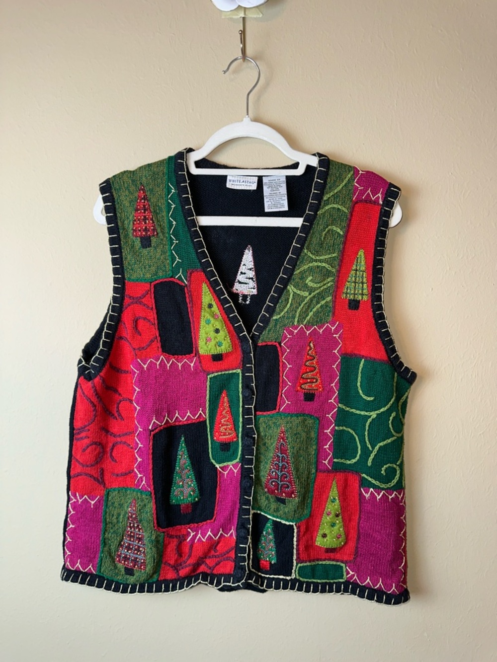 White Stag Red Green Black Patchwork Holiday Vest with Tree Appliqués